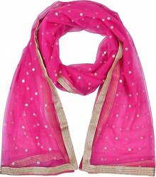 Woman's Embellished Net Dupatta Scarf Shawl Wrap Soft Bridal Wedding - Deep Pink - 查看 4