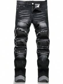 Men's Classic Zipper Biker Regular Fit Flex Jeanhalloween - 255 黑色 - 查看 1