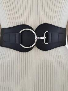 Cinturón ancho elástico vintage con hebilla para mujer, negro - Negro - Ver 3