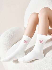 1/3/5/10/15/20双装 女士纯色甜美粉色蝴蝶结舒适简约产后袜，吸湿排汗中筒袜