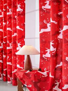 1pc Red Christmas Limited Reindeer Curtain Semi-Transparent Soft Sheer Red Curtain, Running Reindeer Festival Atmosphere Decoration