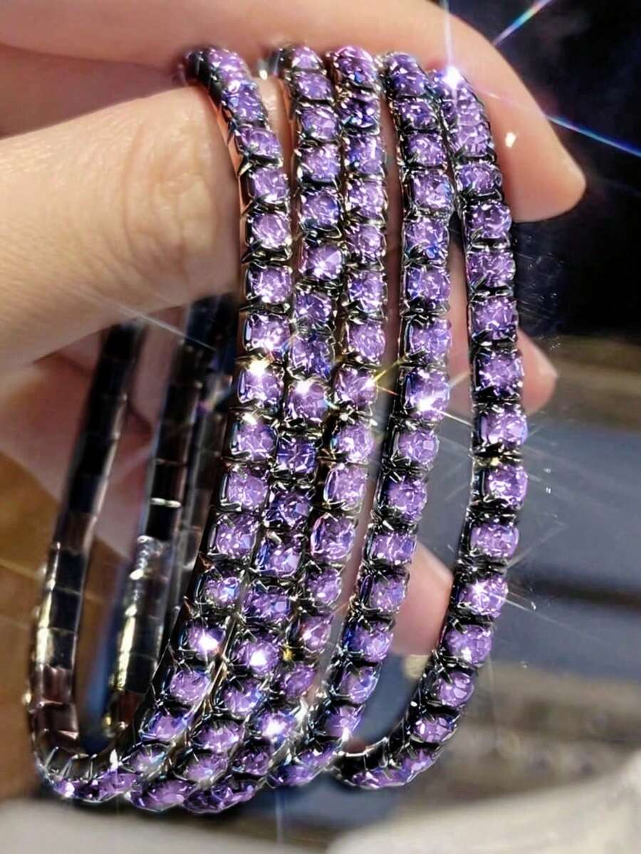 5pcs Sparkling Crystal Elastic Bangle Bracelets, Adjustable Bling Bling Party Style Jewelry Gift For Women - Black Purple - View 1