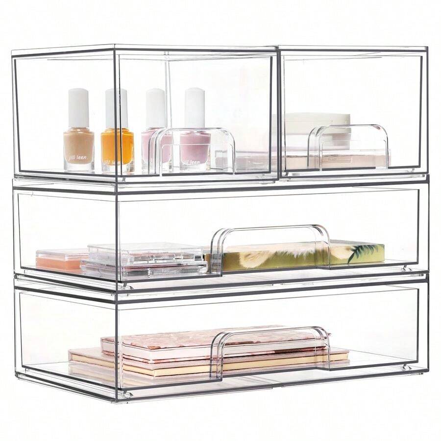 Local Delivery4-Piece Clear Plastic Stackable Drawer Set For Organizing Makeup, Cosmetics, And Beauty Essentials - Multicolor - View 1