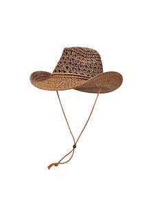 1 件纯色休闲波西米亚纸镂空草帽，西部牛仔帽，百搭时尚简约设计，防风系带，男女通用，适合所有季节