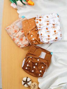 4 piezas de pañales para bebé impermeables y transpirables con diseño de gancho y bucle con estampado de sol y luna - Multicolor - Ver 3
