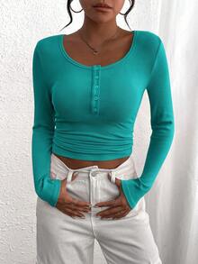 Women's Autumn Long-Sleeved Henry Shirt T-Shirt Button Ribbed Knit Fashion Tight Basic Top Shirt - Xanh Malachite - Xem 3