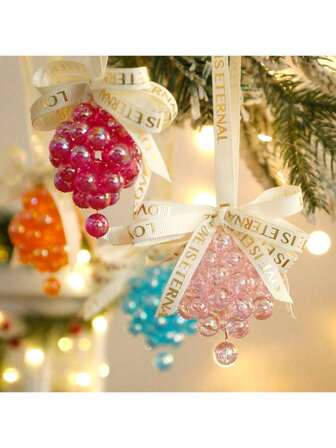 1pc Colorful Beaded Wreath Christmas Tree Ornaments With Bows, Cute Hanging Holiday Decor For Home Living Room Bedroom Party Wall Door Christmas Decorations Winter Room Decor