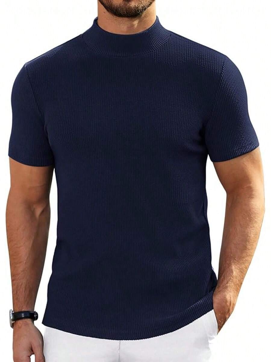 Mens Mock Turtleneck Sweater Short Sleeve Turtle Neck Sweaters Casual Ribbed Knitted Pullover Tops Solid Basic Tee - 藏蓝色 - 查看 1