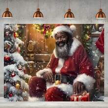1 pièce Bannière de fond de Père Noël afro-américain, décoration de Noël avec paysage enneigé et boîtes cadeaux, sans électricité requise. Noël, Nouvel An, anniversaire, célébration de fêtes toutes saisons, décoration de Noël