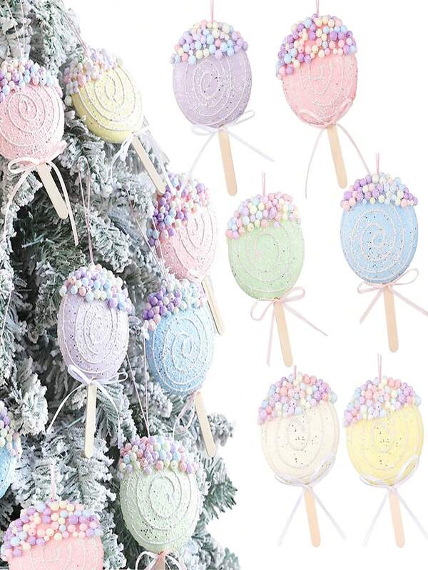 6pcs/Set 13cm Christmas Pastel Candy Lollipop Ornament , Macaron Spiral Round Ice Cream Candy Cane Christmas Tree Ball Hanging Decoration Pendant For Christmas New Year Birthday Home Party Decoration Supplies