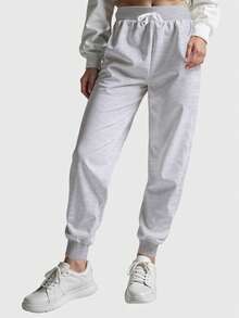 Women's Plain Flannel Sweatpants With No Prints And Back Pocket And Drawstring - 灰色 - 查看 1