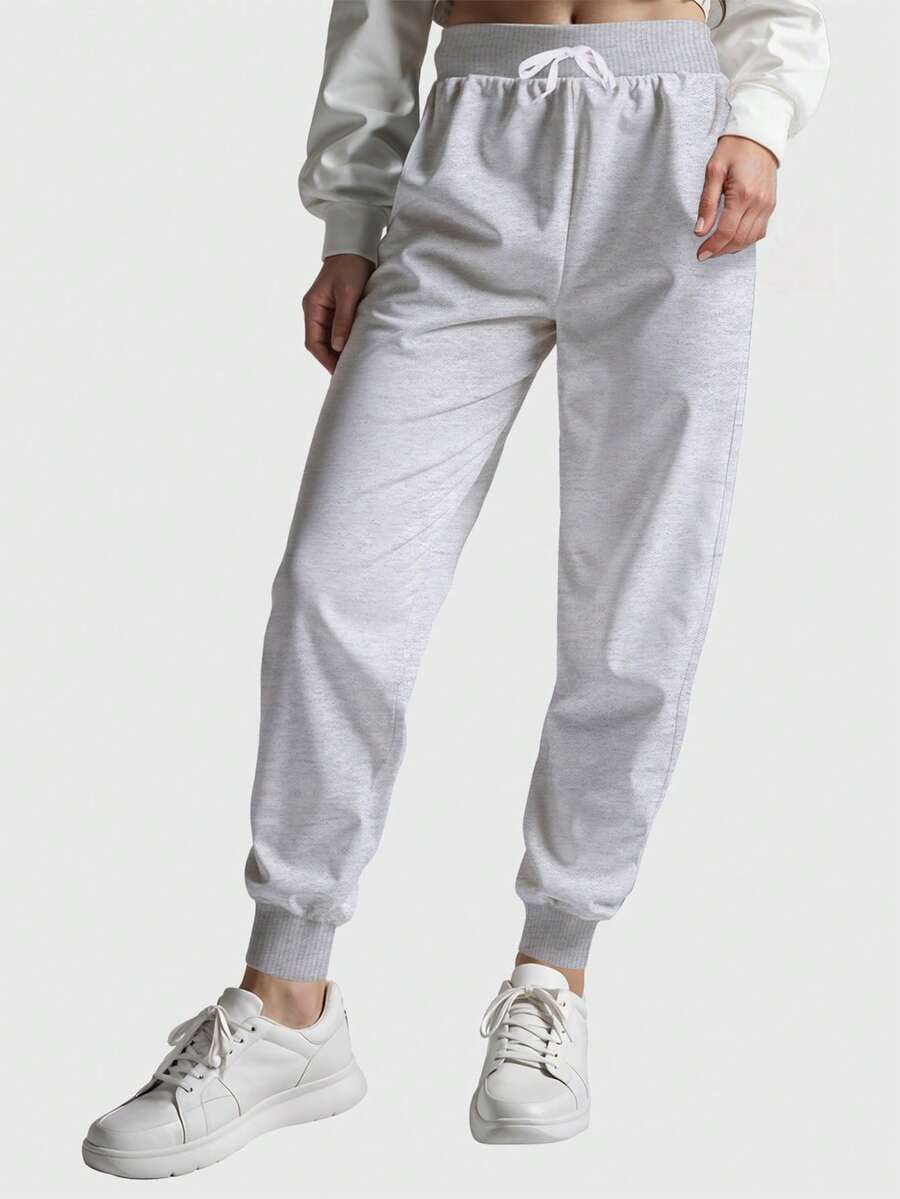 Women's Plain Flannel Sweatpants With No Prints And Back Pocket And Drawstring - 灰色 - 查看 1