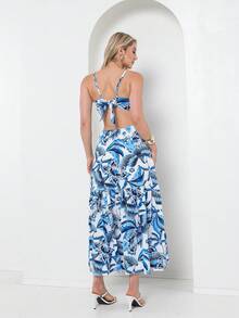 Dress With Elastane At The Back, You Can Tie It At The Back With A Print - Blue and White - View 6