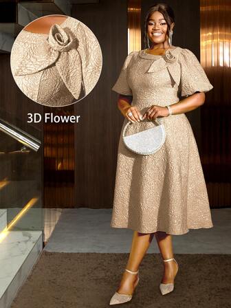 Women Plus Size Rose Jacquard Flared Puff Sleeve A-Line Dress, Suitable For Commuting, Elegant Cocktail Semi Formal Prom Dress, For Birthday, Wedding Guest, Graduation, Dinner, Homecoming