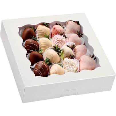 16pcs, Bakery Boxes, 10x10x2.5 Inches Cookie Boxes With Window Pie Boxes For Cookies, Pastries, Pies, Chocolate Covered Strawberries, Valentine's Day (White)