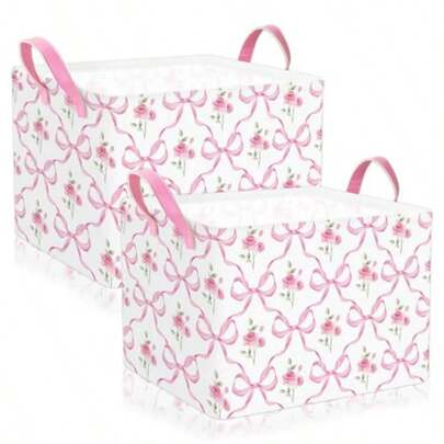2Pcs Pink Bow Flower Storage Basket Watercolor Storage Bin With Handle Coquette Fabric Container Box For Bedroom Shees Closet