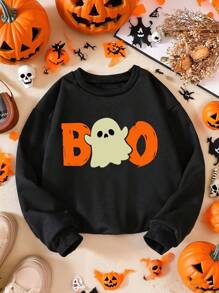 1 Piece Of Young Boy Halloween Casual Loose Ghost And BOO English Pattern Printed Round-Neck Long-Sleeved Hoodie, A Fashionable Outfit Suitable For Autumn And Winter, Perfect For Halloween Parties
