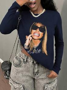 1 szt. dziewczęca luźna koszulka z nadrukiem graficznym, okrągłym dekoltem i długim rękawem, luźny krój, odzież studencka, wiosna, jesień, zima - Granatowy - Zobacz 2