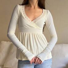 Women Y2k V Neck Lace Trim Long Sleeve Shirt Fairycore Slim Fit Ruffle Ribbed Knit Peplum Top Aesthetic Fall Clothes - trắng - Xem 3