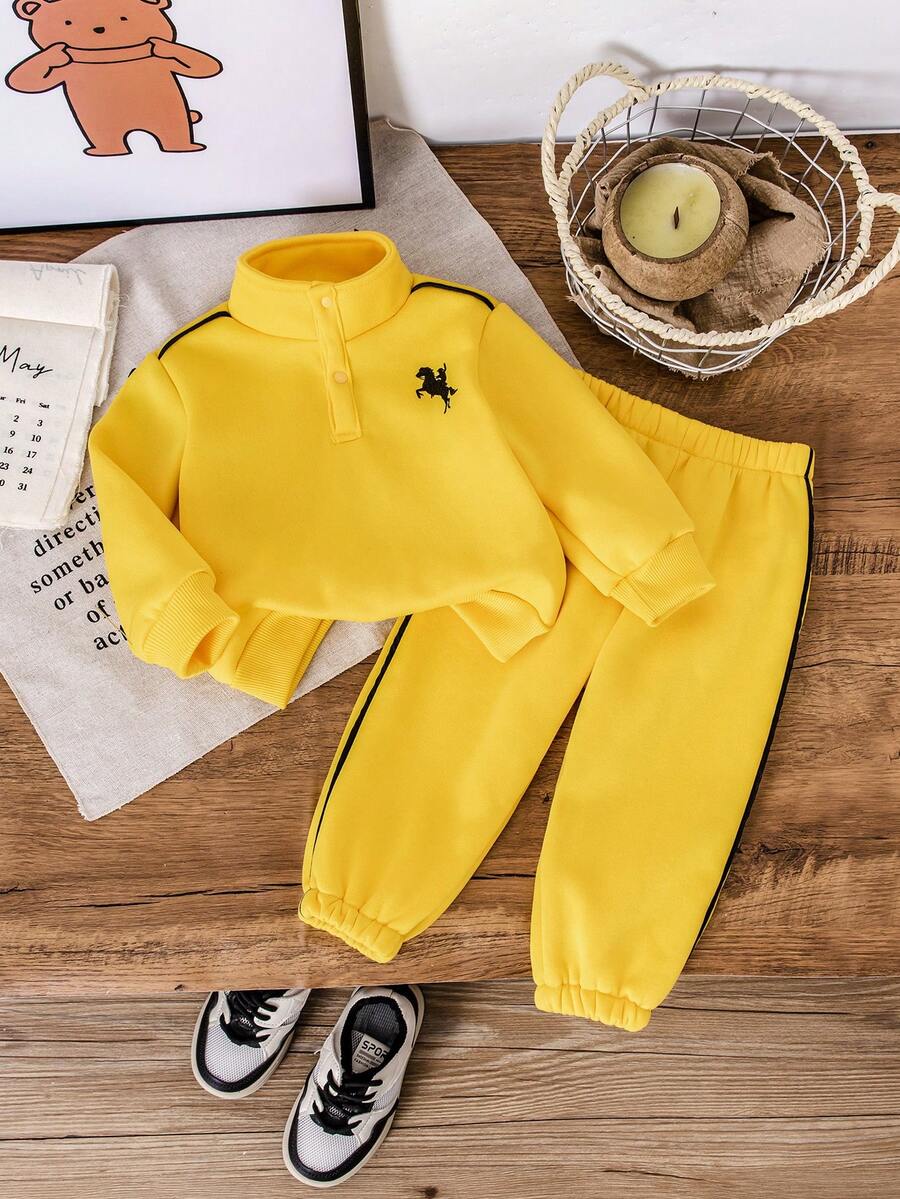2pcs Baby Boy Autumn/Winter Set, Pegasus Print Long Sleeve Mandarin Collar Button Sweatshirt And Casual Sports Pants Outfit, Comfortable Autumn/Winter Clothing - Yellow - View 1