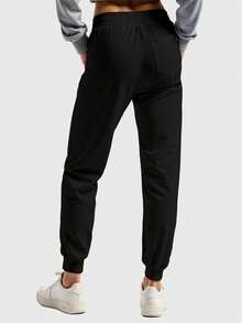 Women's Plain Flannel Sweatpants With No Prints And Back Pocket And Drawstring - 黑色 - 查看 2