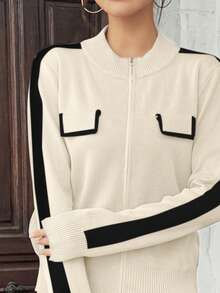 Conjunto de 2 piezas para mujer de moda punto de tejido unicolor contraste bordes en color contraste ligero para uso diario - Beis - Ver 4