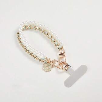 1 件奢华复古香氛珍珠链手机挂绳 + 腕夹手机链吊坠，适合通用手机壳和钥匙扣