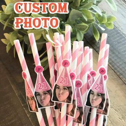 1/12/24/48pcs Customized Face Printed Paper Straws, Personalized Face Straws For Singles Party, Customizable Age Birthday Party Decorations, Girlfriend Birthday Party Decorations, Multifunctional, High Quality, Personalized, Ideal Gift For Her, Boyfriend, Friends, Tea Room, Home, Garden, Office, Anniversary, Valentine's Day, Mother's Day, Birthday, Father's Day, Graduation, Wedding, Housewarming, Customized Drinkware ,Poetcore ,Forever Love