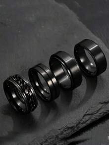 4 件套时尚不锈钢男士单环黑色浮雕磨砂装饰日常佩戴万圣节礼物 - 彩色 - 查看 2