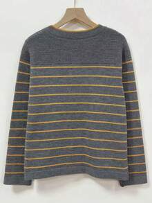 Plus Size 2026 New Striped Knit Cardigan, Long Sleeve Wooden Button Front Sweater Jacket, Casual Loose Fit Top, Suitable For Autumn/Winter Daily Wear - Dark Grey - View 3