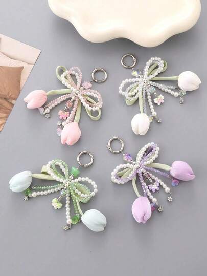 Series Tulips Faux Pearls Bows Bags Pendants Fresh And Simple Flowers Mobile Phone Accessories For Women