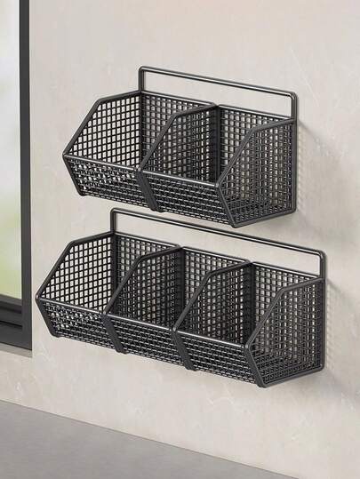 1 Pc Wall Mounted Storage Basket, Spice Rack Organizer, No-Drilling Adhesive Hanging Shelf, Metal Mesh Kitchen Caddy, Bathroom Shower Organizer With Dividers, Space-Saving Solution For Pantry, Dorm, Home Organization Essential