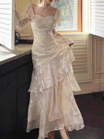 Elegant Fashion Women's Banquet Party Dress, French Style Long Sleeve Vintage Ruffle Hem Birthday Wedding Guest Dress, Spring/Summer