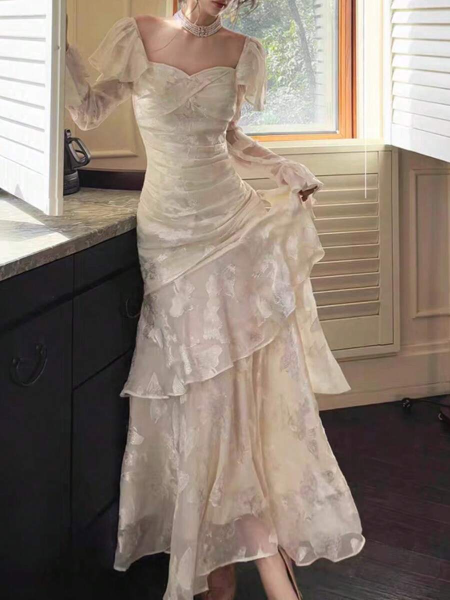 Đầm dạ hội thanh lịch, sang trọng kiểu Pháp tay dài, ôm sát, phong cách vintage mùa xuân hè, thích hợp cho tiệc sinh nhật, đám cưới. - Màu be - Xem 1