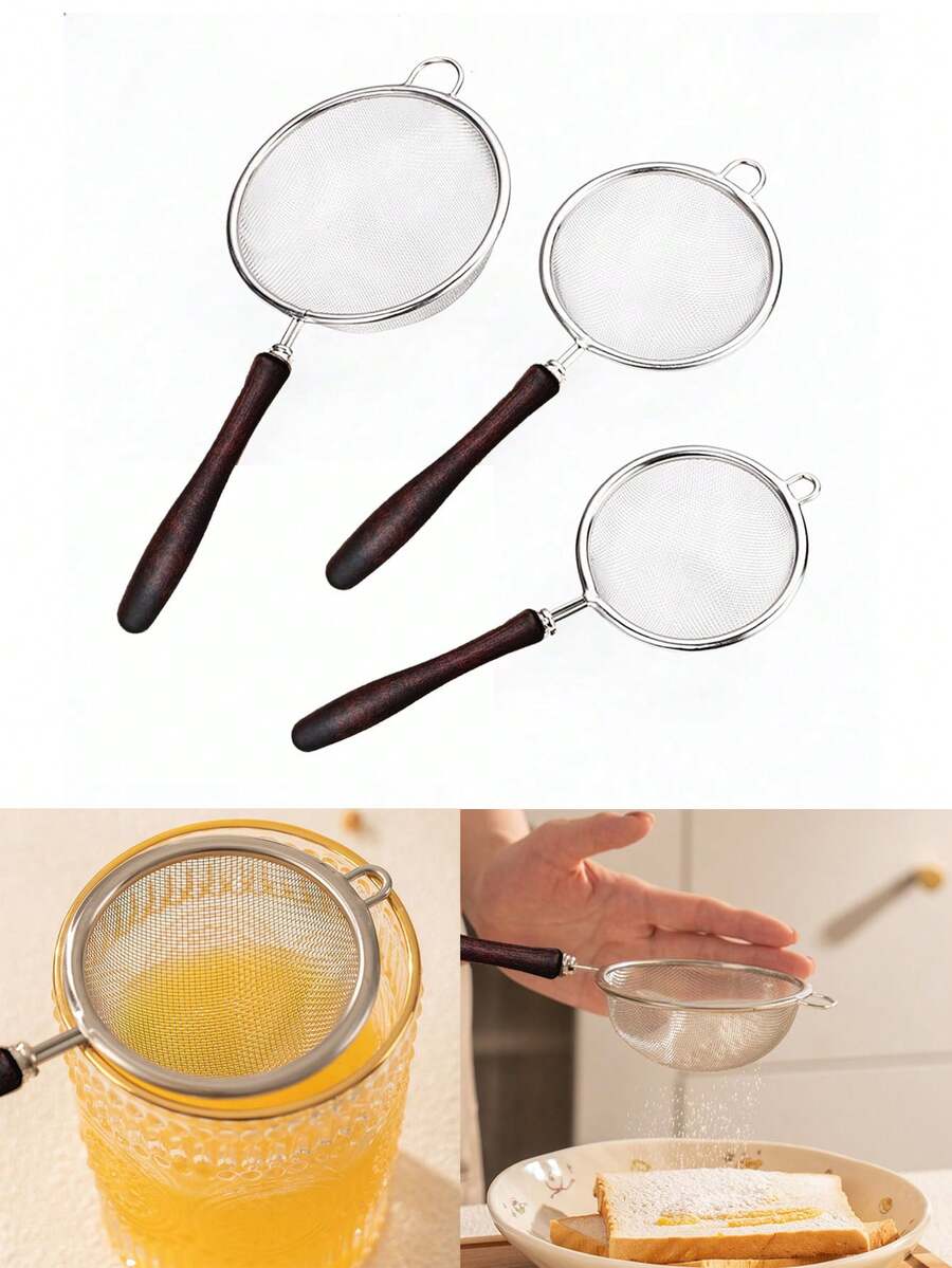1 Stück Siebset mit Griff für die Küche, feines Edelstahl-Mesh 304 mit Holzgriff, vielseitiger Küchensieb, feines Mesh-Sieb, Metallsieb, Colander, Edelstahl-Siebkelle, multifunktionales Küchengerät, silberner Colander-Löffel für die Küche, ideal für Tee, Kaffee, Mehlsieb, Reis, Pastasieb, Saft, Kochen und Backen