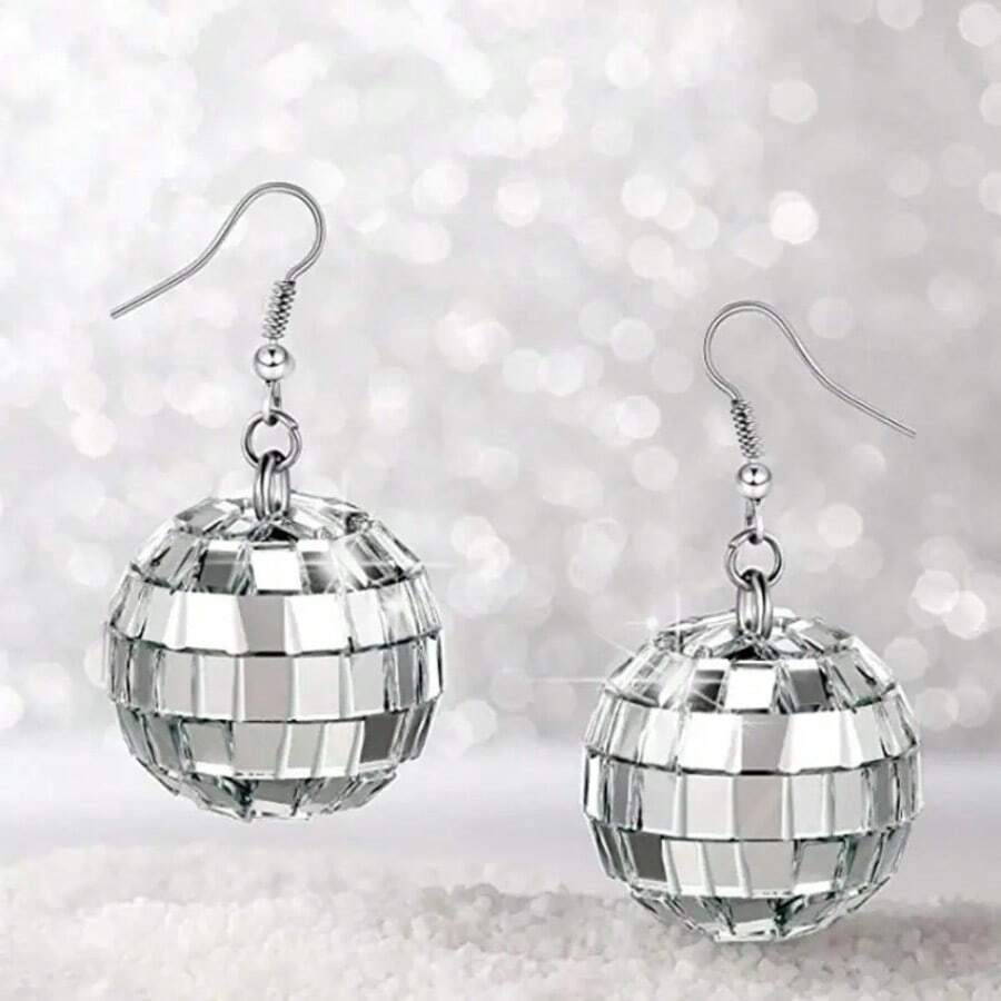 1 Pair Silver Disco Ball Earrings, Women's Bohemian Round Drop Earrings, Cool Birthday Valentine's Day Anniversary Gift Jewelry - Silver - View 1