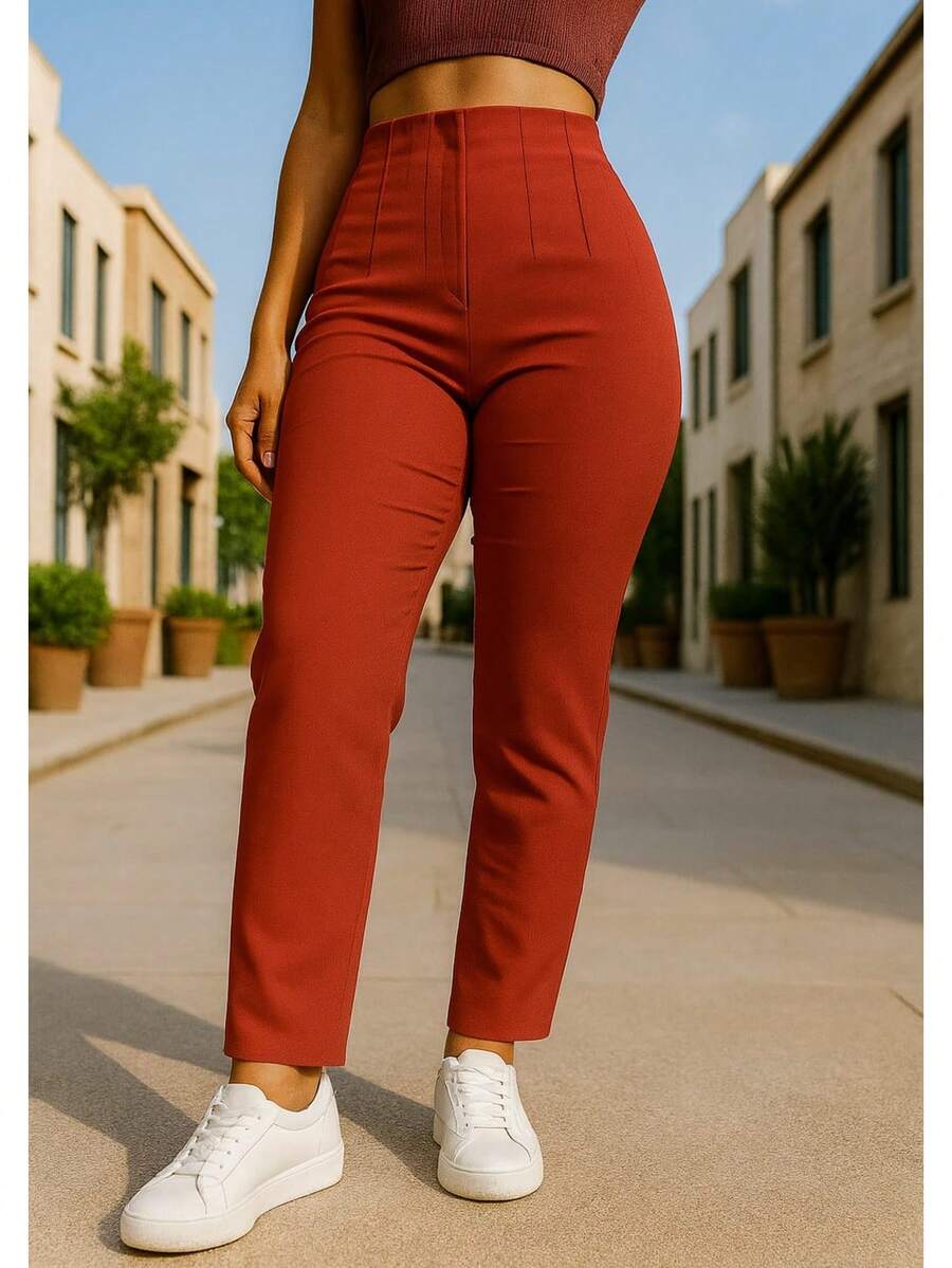 Stretch Pleated Trousers For Women - 橘紅 - 查看 1