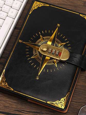 1pc Vintage Notebook With Password Lock And Gold Foil Compass Design