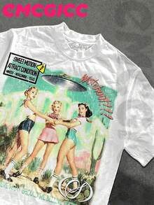 EMCGICC Street Life Men's Y2k Style (220 Pure Cotton T-Shirt) Retro Graphic Funny Printing,UFO,Men's Summer Tops Round Neck Short Sleeve Casual T-Shirt, Summer Street Sports Life Men's - 白色 - 查看 2