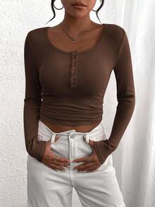 Women's Fall Long-Sleeved Henry Shirt T-Shirt Button Ribbed Knit Fashion Tight Basic Top Shirt - Brown - View 3