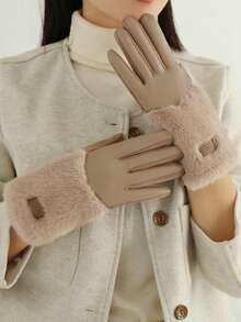 1 双女士休闲优雅面料绗缝冬季保暖时尚绒面绒触屏手套，日常保暖毛绒 PU 皮手套