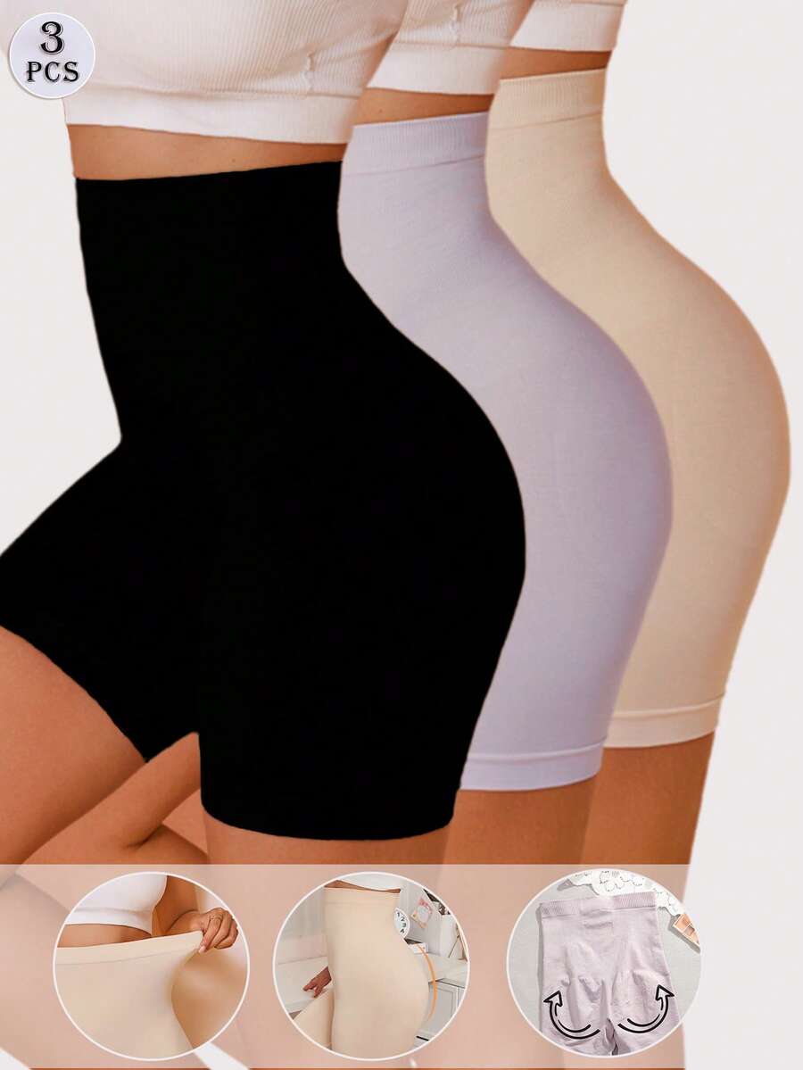 3pcs Women Solid Color High Waist Seamless Briefs, Simple & Comfortable Long Bike Shorts Or Fitness Shorts, Suitable For Outdoor Leisure & Sports