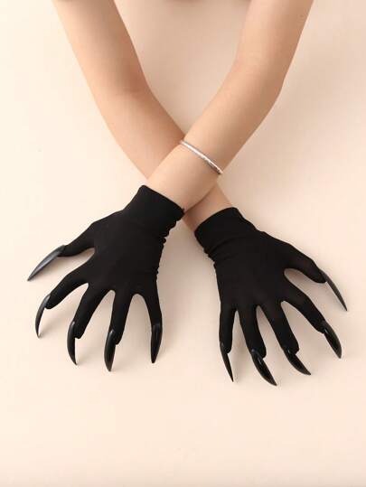 1 Pair New Halloween Short Gloves, Dark Cosplay Gloves In Black, White And Red, Suitable For Halloween Costume