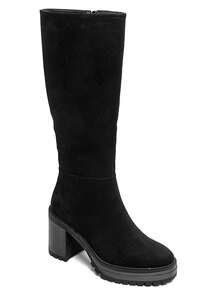 Suede Material, Chunky Heel, Notched Sole - Black - View 2