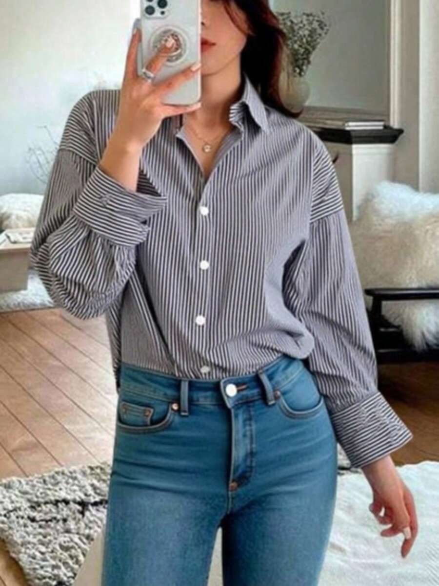 Camisa de rayas de las mujeres de manga larga Tops Loose capas Peplum Azul Blusa de rayas Blusas de Mujer - Negro - Ver 1