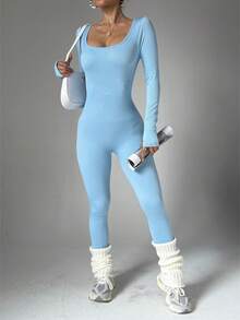 这款蓝色圆领长袖连体衣修身剪裁，腰部收紧，提臀，非常适合户外活动和日常穿着，黑色连体裤，女士冬装，女士健身服，女士跑步服，女士冬装， - 藍色 - 查看 3