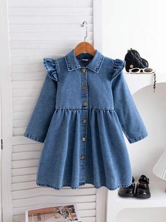 Young Girl Elegant Fashionable Cap Sleeve Single-Breasted Long Sleeve Dress, Suitable For Daily, Outdoor, Vacation, Commute, Spring/Autumn