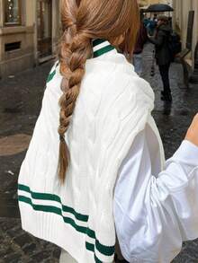 Women's Striped V-Neck Twist Cable Pattern Pullover Sweater, Comfortable College Style Long Sleeve