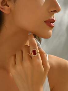 1 件 18K 镀金复古风格矩形红色方晶锆石戒指，复古奢华轻巧时尚配饰，适合女性日常、派对和社交活动 - 金色 - 查看 1