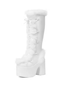 Women'S Y2K Fuzz Goth Knee High Snow Boots Fashion Punk Platform Chunky High Heels Lace-Up Side Zipper Fluffy Faux Fur Fall Winter Boots Woman - 白色 - 查看 4